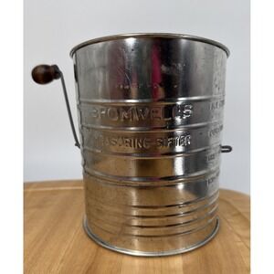 Vintage Old Bromwell's Measuring Sifter 5 Cup w/ Wood  Crank Knob Kitchy Cottage